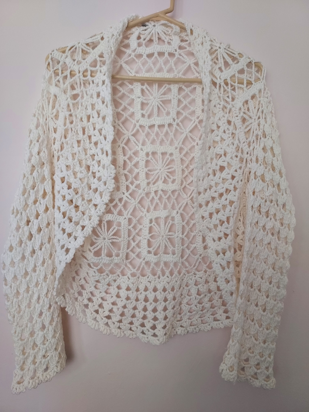 Ivory Crochet Knit Open-Front Bolero Style Cardigan Boho Hippie Chic Romantic